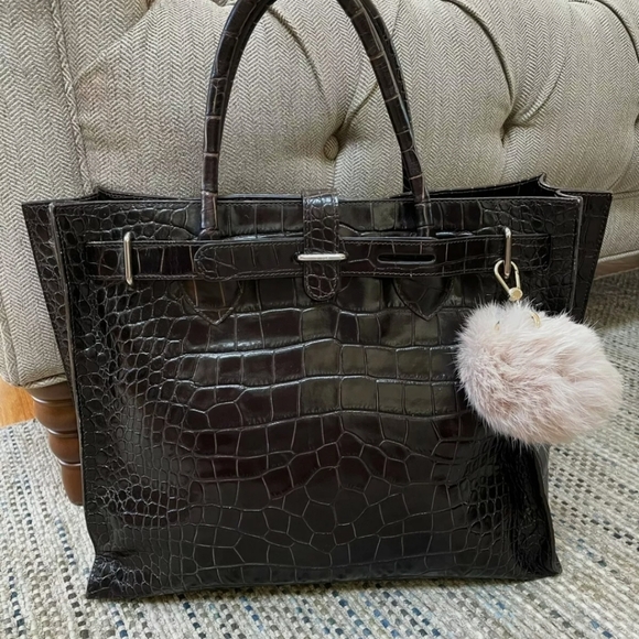 🥳HP🥳Furla Brown Large Leather Tote & Furla Charm - Picture 1 of 13